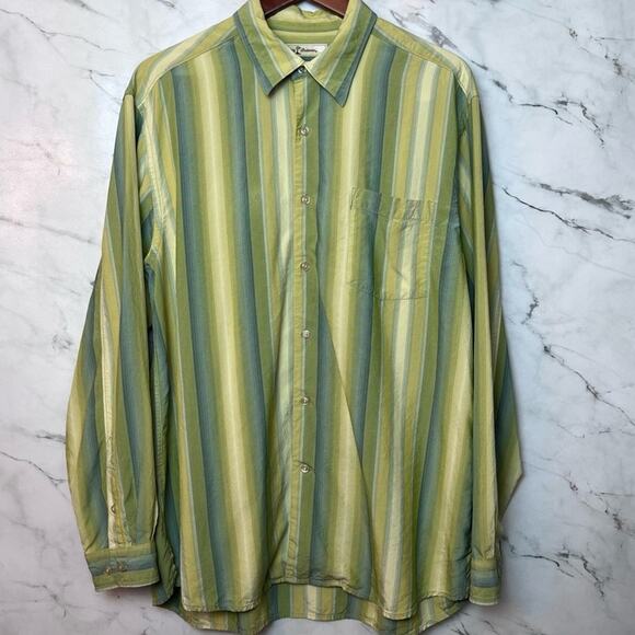 Tommy Bahama Mens 100% Silk Button Down Long Sleeve Shirt Green Stripe Large - Picture 1 of 12